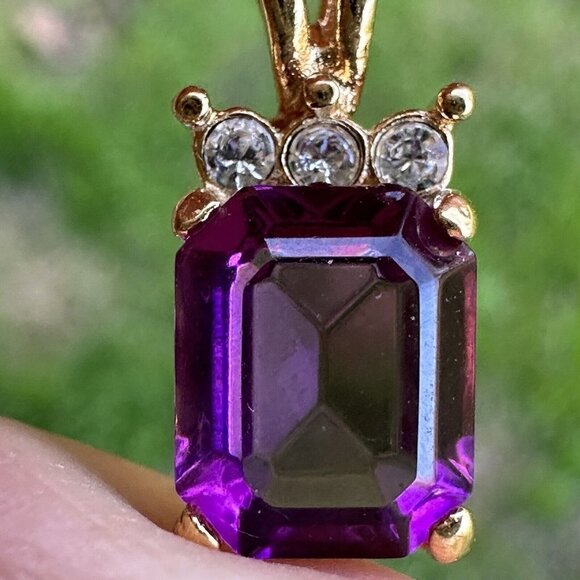 Vintage Purple Gem Slide Pendant Charm 0.75" Rhinestones Metal Gold Tone Prong - Picture 2 of 5